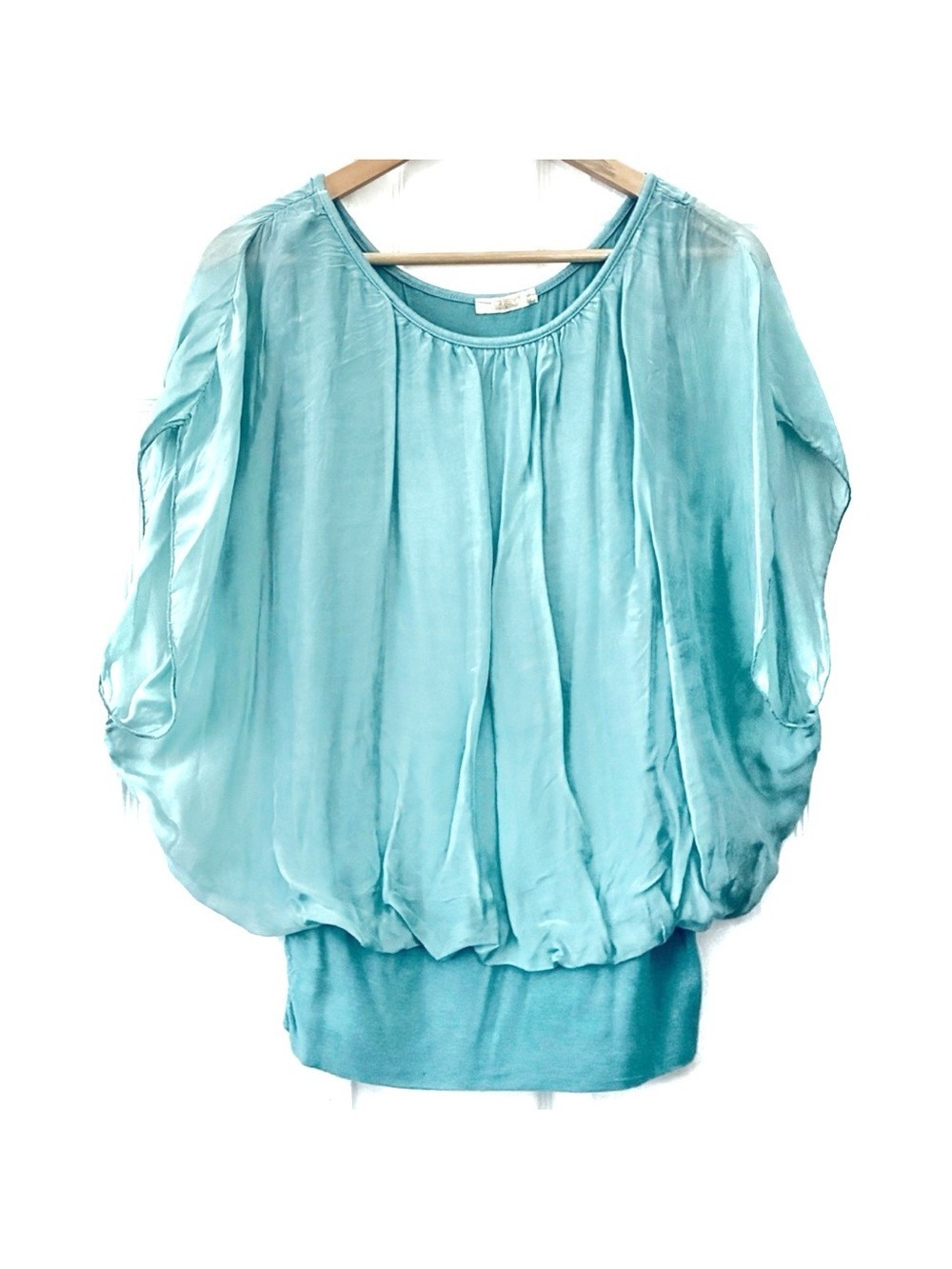 GIUSY Italy Teal/Aqua Blue Silk Blend Airy Bubble Hem Top Women’s Large